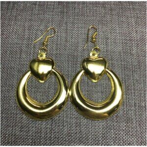 Hoop Dangle Pierced Earrings Gold Heart Retro BoHo 80s 90s Y2K Valentine Love